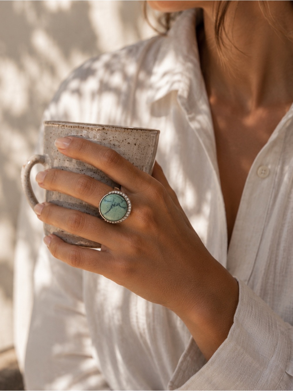 Turquoise Statement Ring Large Round Stone Silver Tone Cocktail Ring